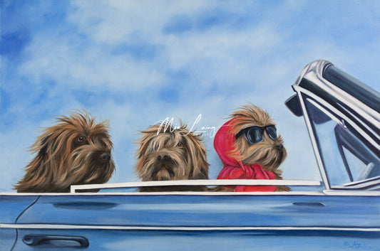 dogs in car oil painting, mia Laing